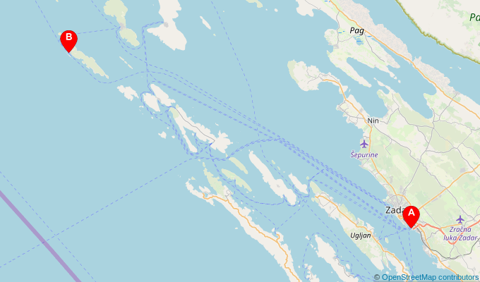 Map of ferry route between Zadar and Krijal